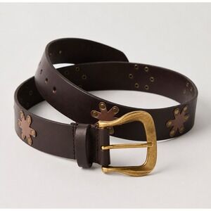 NWT Free People Sonny Studded Leather Belt Brown Brass L Flower Appliqués